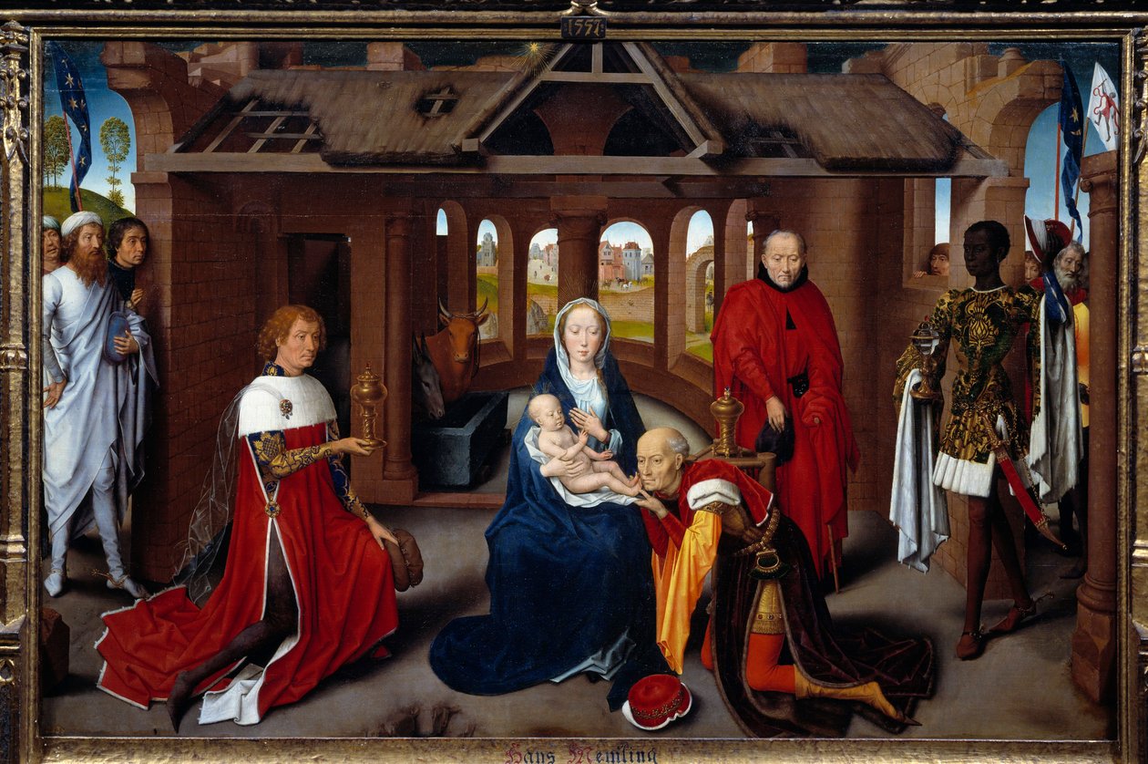 Triptykon af tilbedelse af magi: centralt panel. Magierne er som Charles the Temeraire og Philip the Good. Detrempe på træ af Hans Memling (1433-1494). omkring 1470, søn. 0,95x1,45 m Madrid. Musee du Prado. - Triptykon om Magiernes tilbedelse: cent af Hans Memling