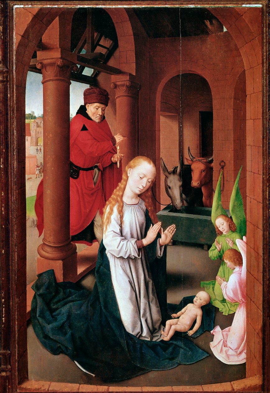 Triptykon fra Prado (eller tilbedelse af magi): Nativite venstre panel (maleri, ca. 1470) af Hans Memling