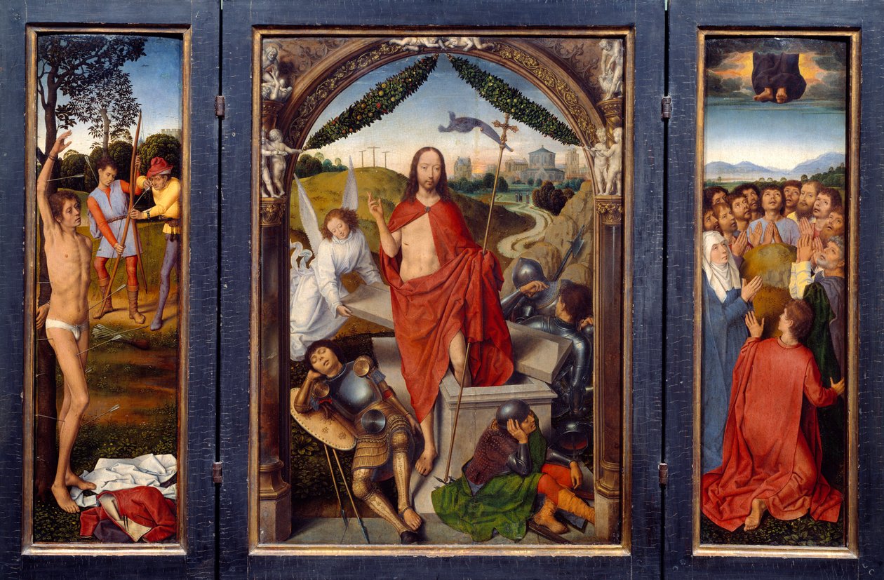 Triptykon af opstandelsen. Til venstre: San Sebastians martyrium. Til højre: Kristi himmelfart. I centrum opstandelsen. Maleri af Hans Memling (1435-1494) Ec. Flam. af Hans Memling