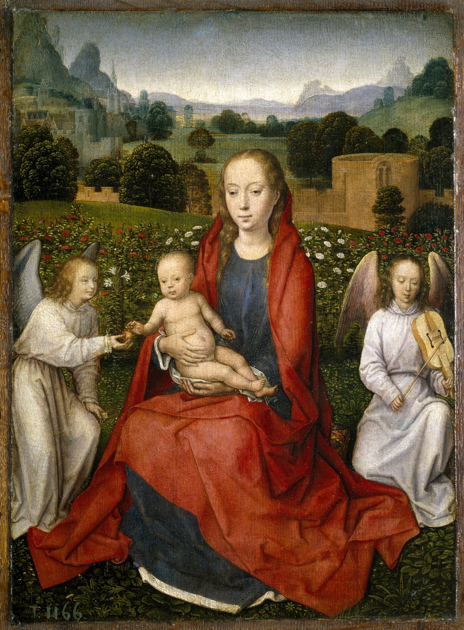 Jomfru og barn og to engle, 1480-1490 af Hans Memling