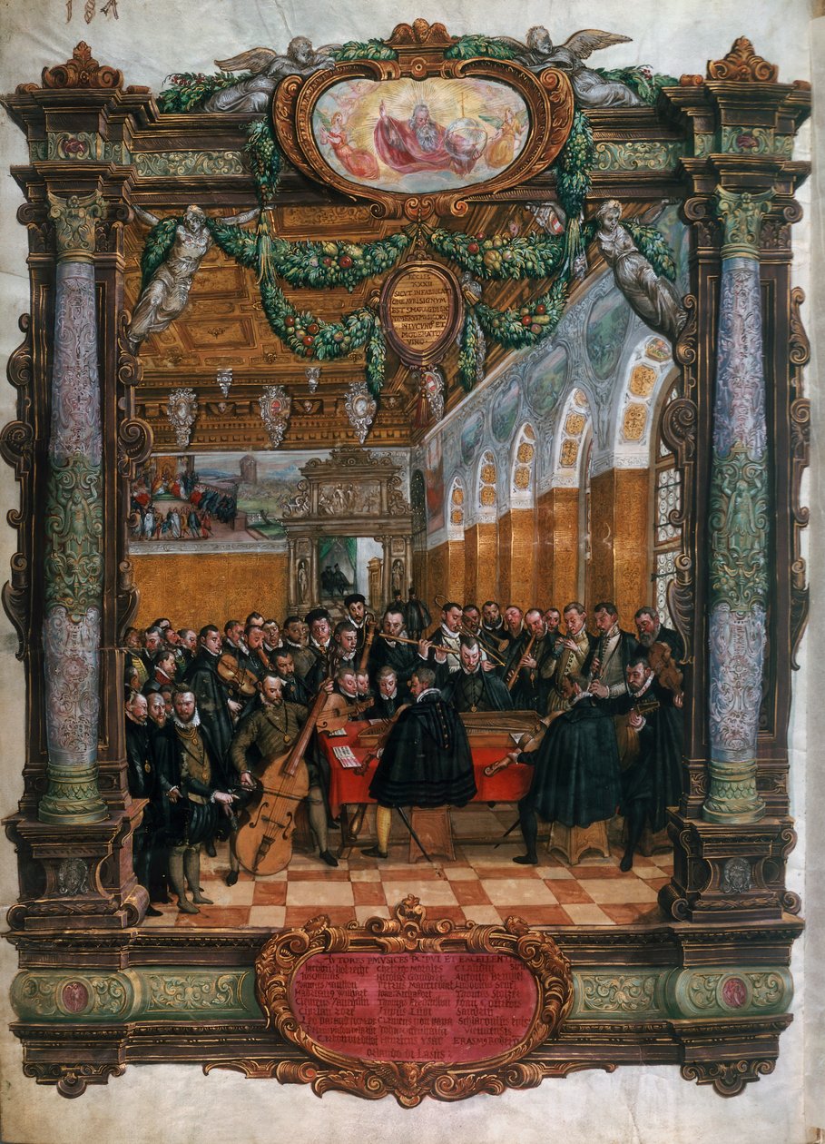 Orlando di Lasso (1532-1594), nederst til venstre, til koncert for hertugen Albrecht V af Bayern ved hoffet i München af Hans Mielich or Muelich