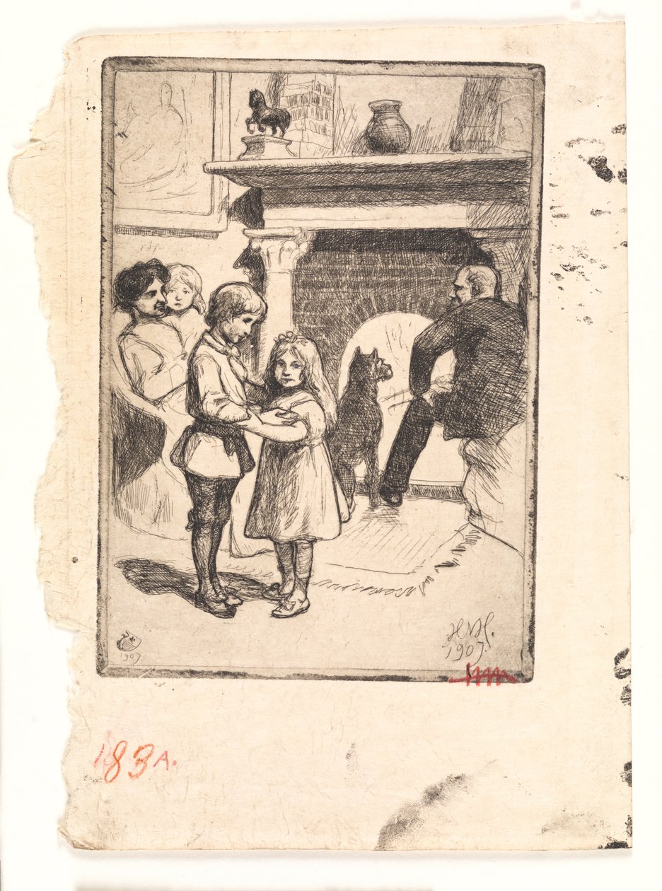 Nytårskort (familien ved kaminen) af Hans Nikolaj Hansen
