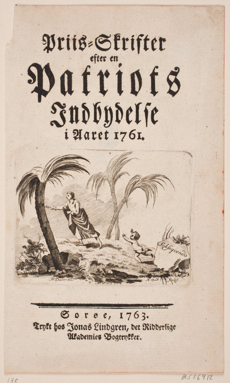 Titelblad med vignet til "Priis-Skrifter efter en Patriots Indbydelse i Aaret 1761" af Hans Quist