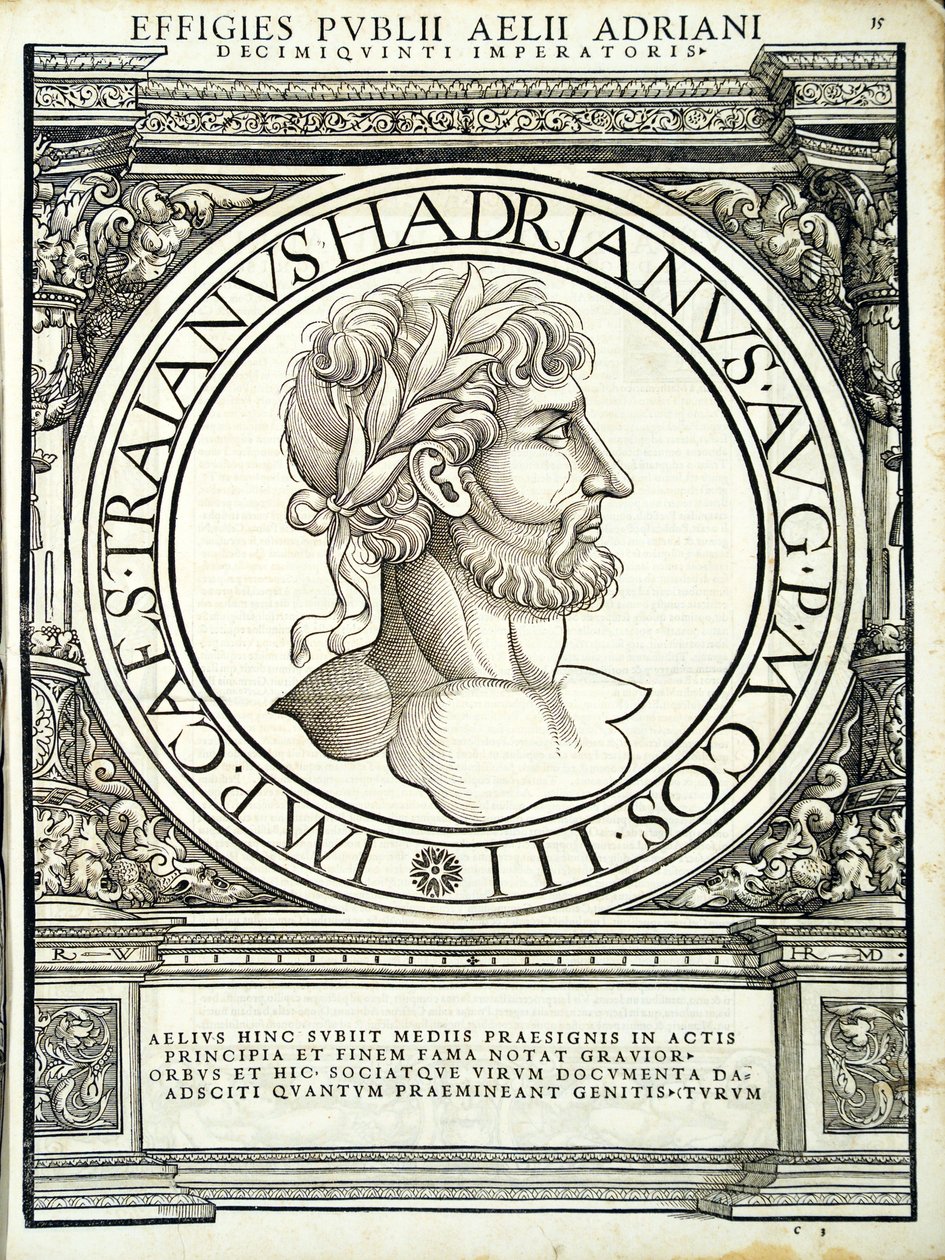 Aelius Hadrianus, illustration fra de romerske kejsere i hele øst og vest, de sandeste billeder af gamle mønter, træsnit af Rudolph Wyssenbach, trykt af Andreas Gesner, Zuri af Hans Rudolf Manuel Deutsch