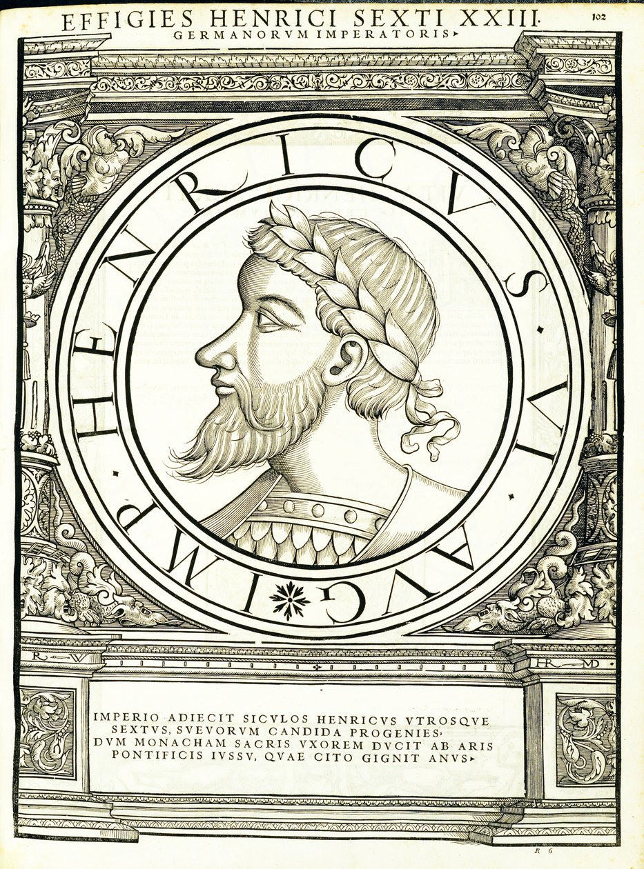 Henrik VI, illustration fra de mest autentiske billeder af de gamle romerske kejsere i øst og vest, træsnit af Rudolph Wyssenbach, trykt af Andreas Gesner, Zürich, 1 af Hans Rudolf Manuel Deutsch