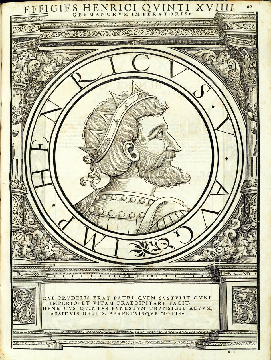 Henricus V, illustration fra "Imperatorum romanorum omnium orientalium et occidentalium verissimae imagines ex antiquis numismatis", træsnit af Rudolph Wyssenbach, trykt af Andreas Gesner, Zürich, af Hans Rudolf Manuel Deutsch
