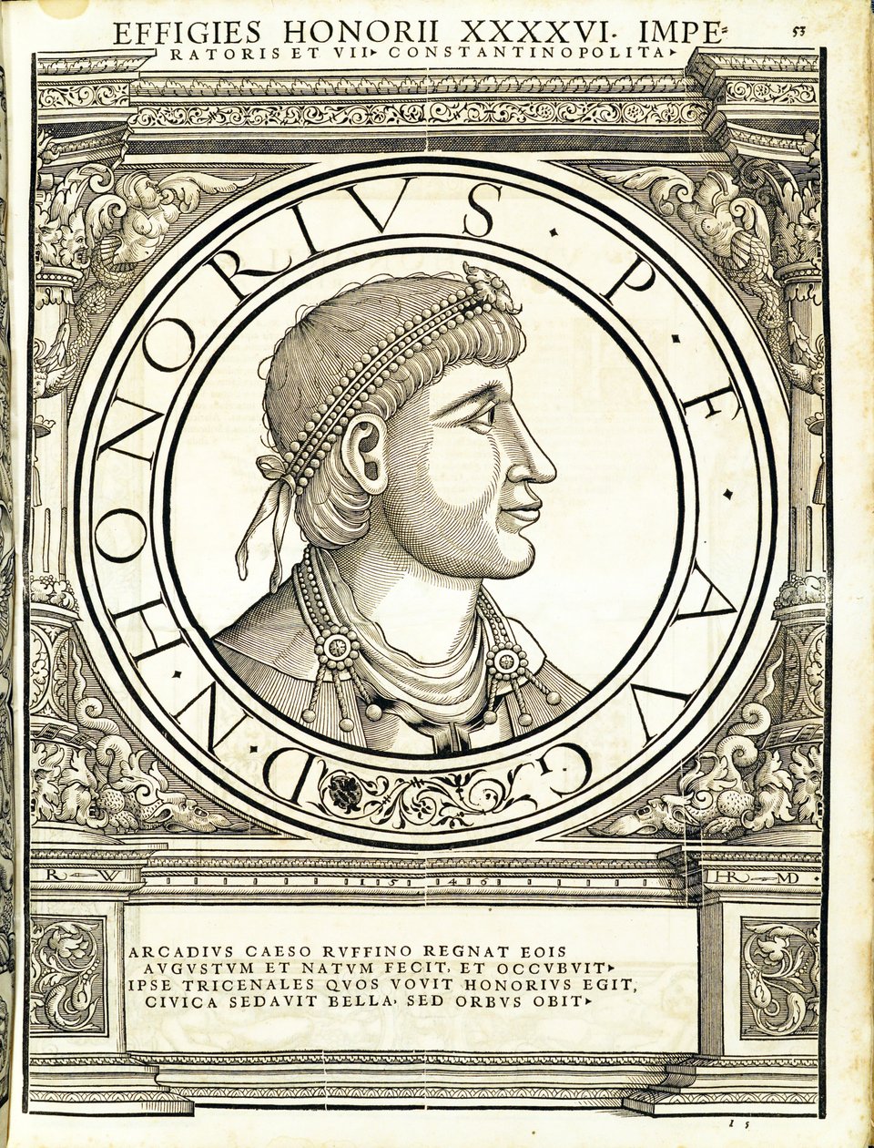 Honorius, illustration fra "Imperatorum romanorum omnium orientalium et occidentalium verissimae imagines ex antiquis numismatis", træsnit af Rudolph Wyssenbach, trykt af Andreas Gesner, Zürich, 15 af Hans Rudolf Manuel Deutsch
