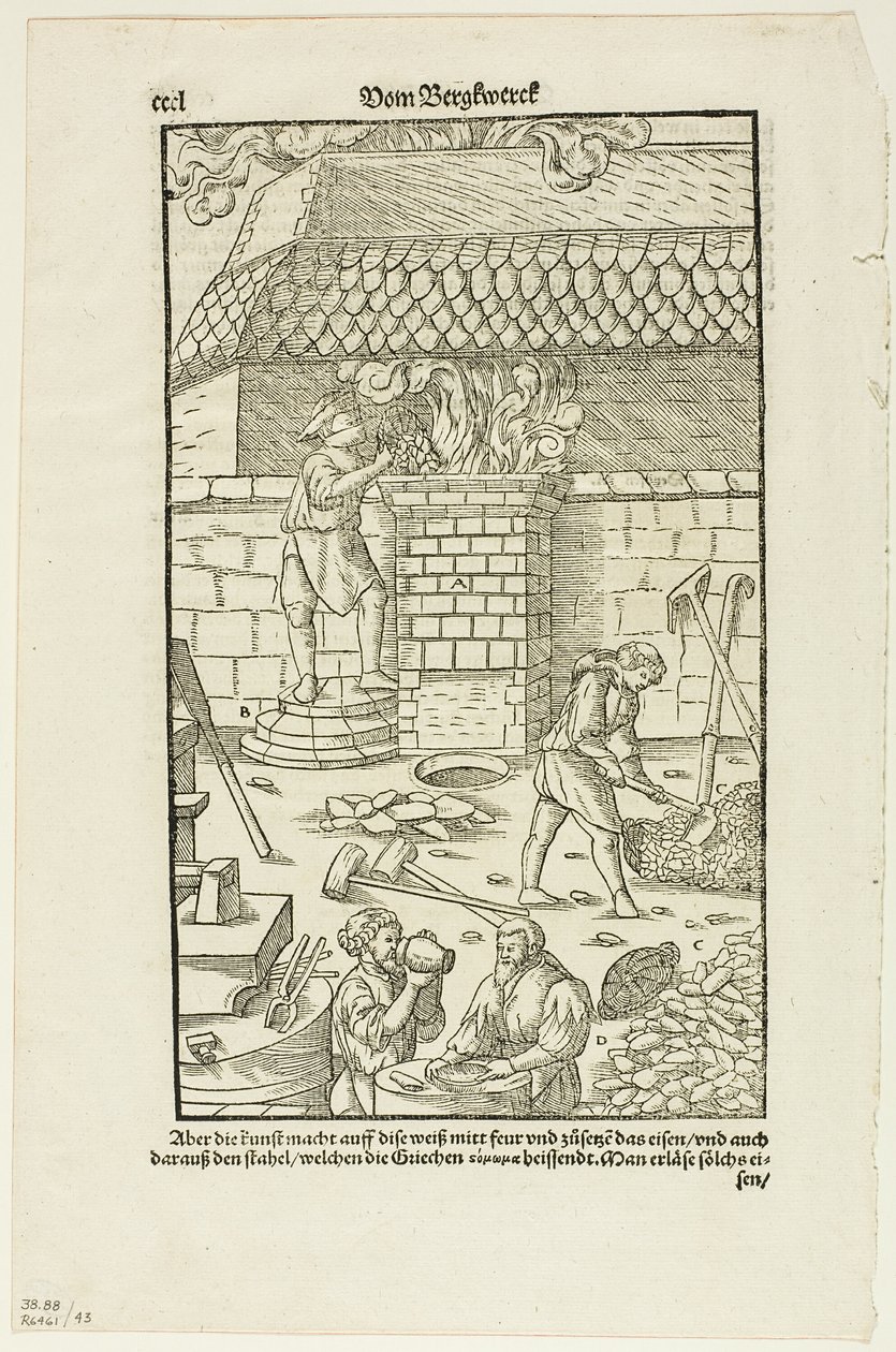 Side CCCL fra Vom Bergwerck XII Bücher af Agricola, plade 43 fra Træsnit fra bøger fra det XVI århundrede af Hans Rudolf Manuel Deutsch