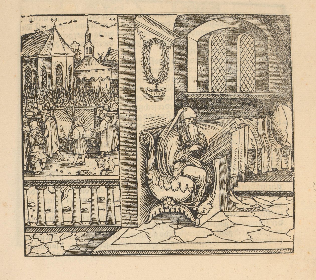 Bedende kvinde og begravelsesoptog af Hans Schäufelein (possibly)