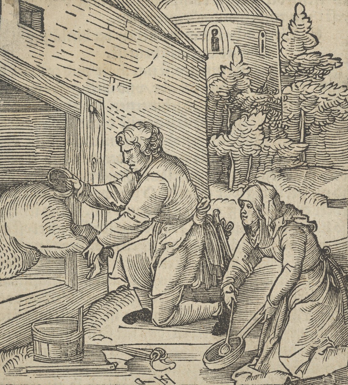 En bonde, der slagter et svin, fra Hymmelwagen auff dem, wer wol leben..., 1517. af Hans Schäufelein the Elder