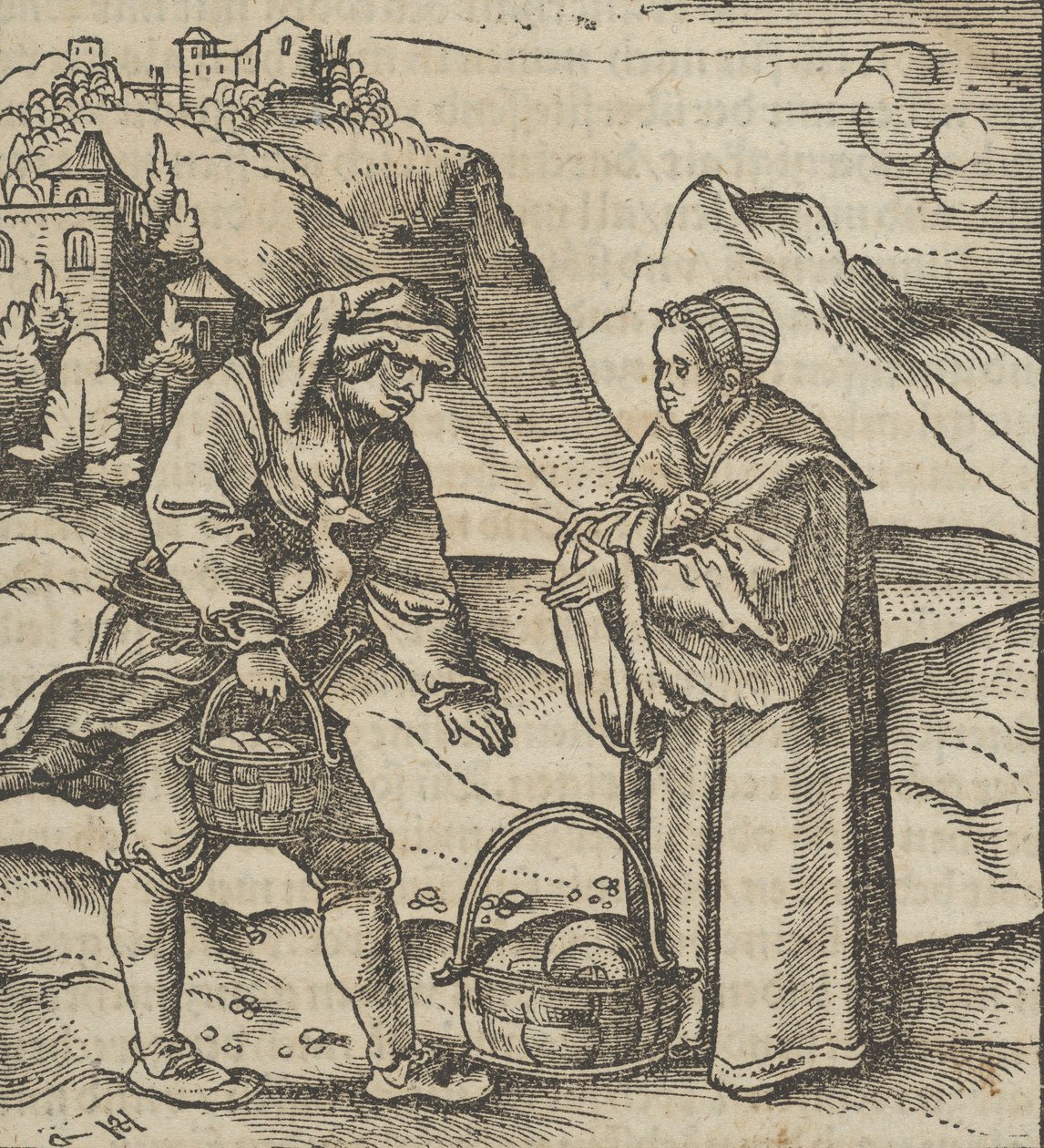 En Bonde og hans Patron, fra Hymmelwagen auff dem, wer wol leben..., 1517. af Hans Schäufelein the Elder