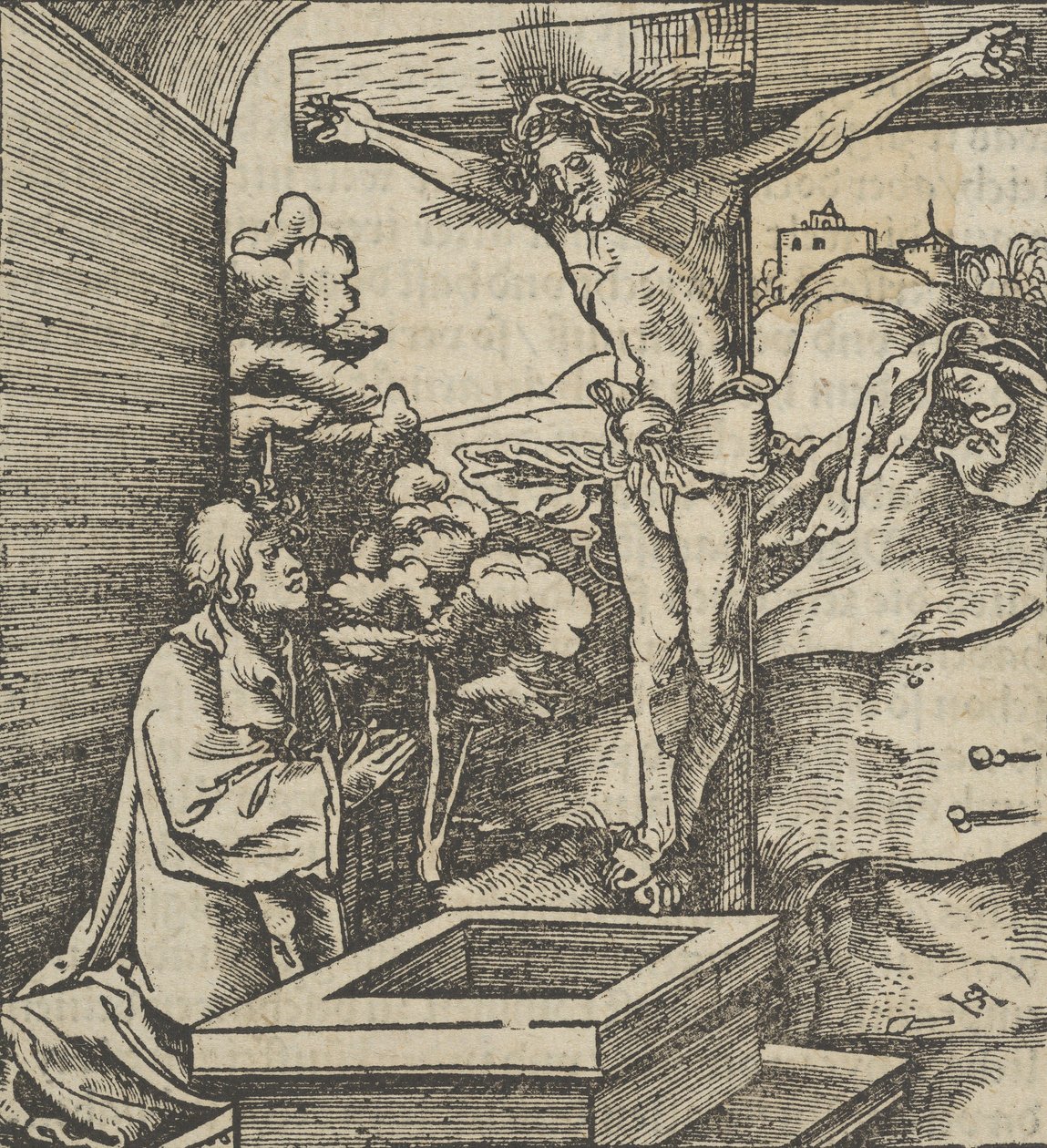 En mand der beder foran et krucifiks, fra Hymmelwagen auff dem, wer wol Leben..., 1517. af Hans Schäufelein the Elder