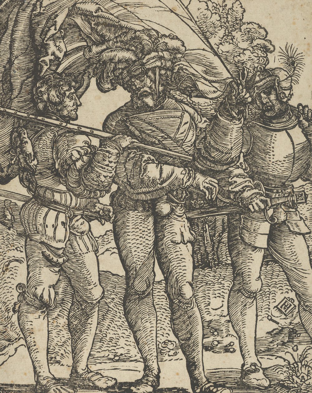 En fanebærer flankeret af et Lansquenet ved hver sidekopi. af Hans Schäufelein the Elder