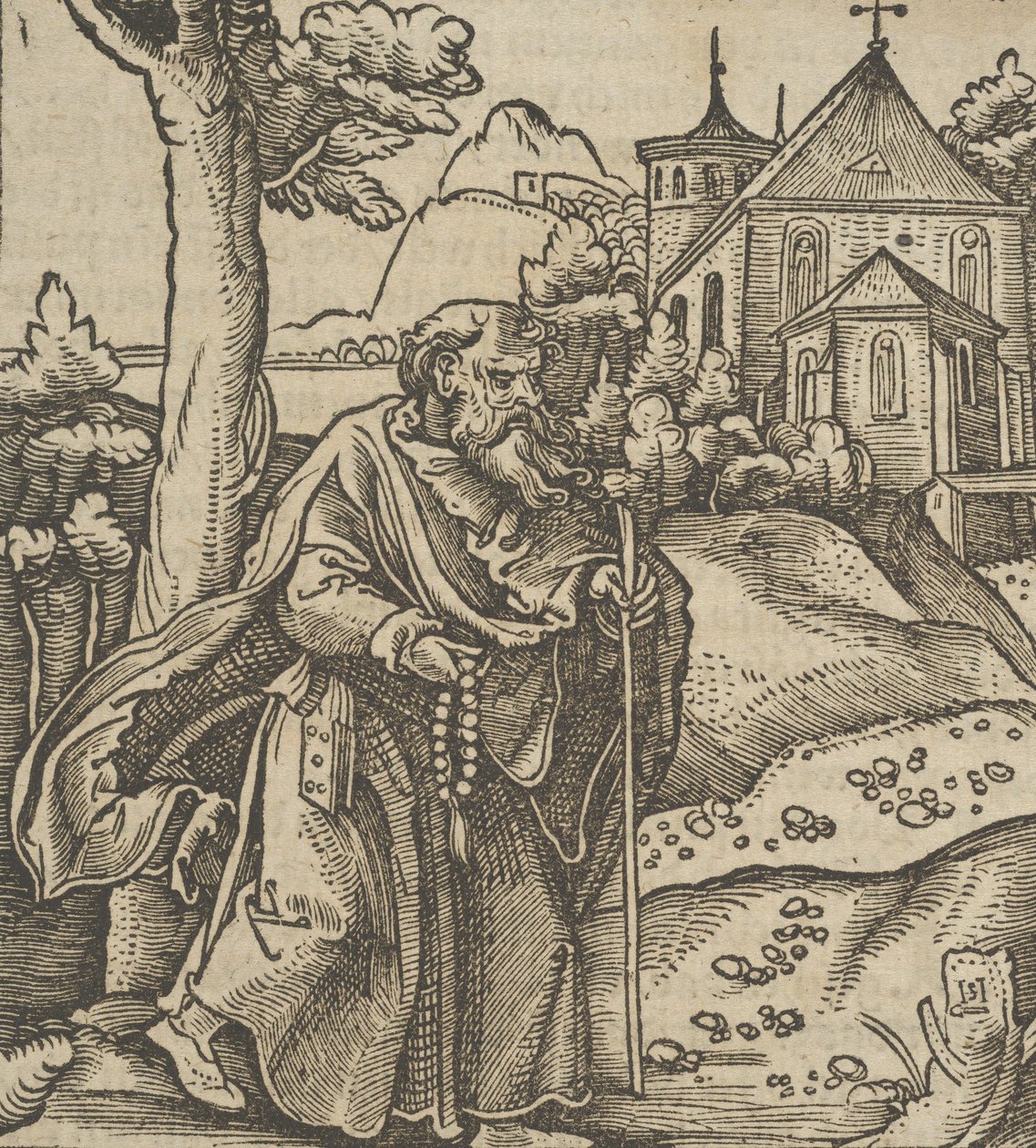 En gammel pilgrim går til højre, fra Hymmelwagen auff dem, wer wol Leben..., 1517. af Hans Schäufelein the Elder