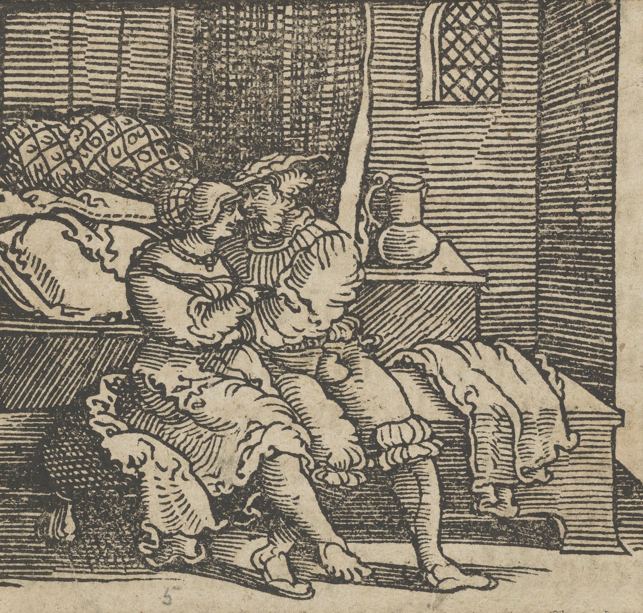 Spinneloccio indespærret i en kiste, hvorpå hans kone og Zeppa sidder, fra The..., før 1534. af Hans Schäufelein the Elder