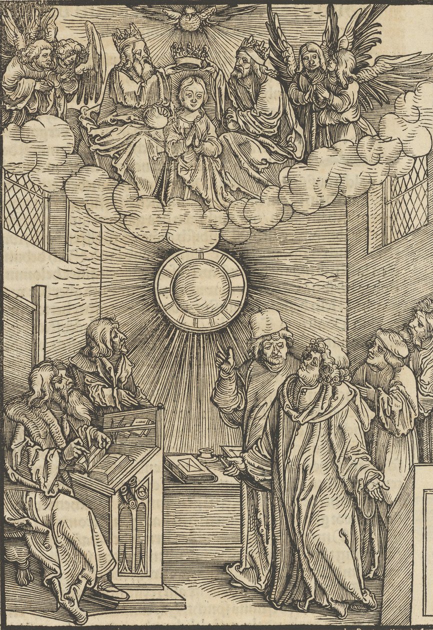 Forfatteren, der skriver Layenspiegel, Treenigheden og Jomfruen i det øvre center, fra ..., 1511. af Hans Schäufelein the Elder