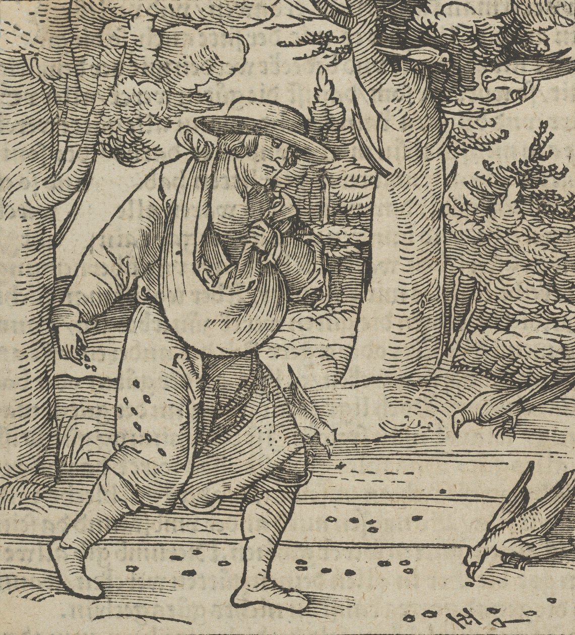 Fuglene spiser frøene af såmanden, fra Hymmelwagen auff dem, wer wol Leben..., 1517. af Hans Schäufelein the Elder