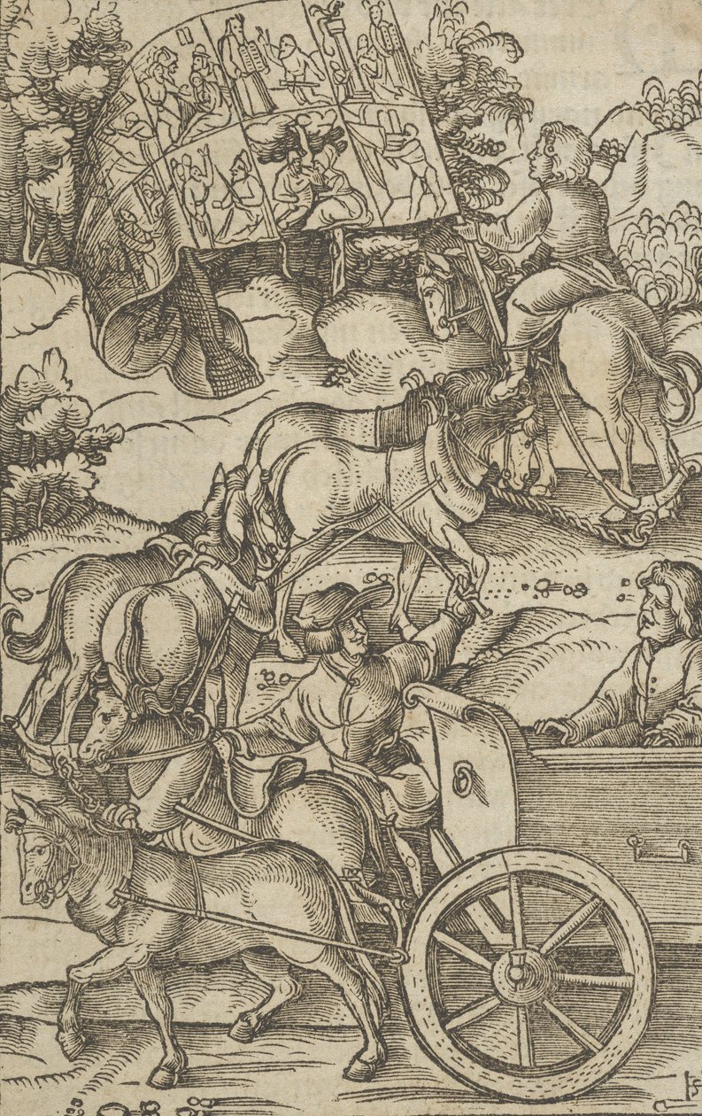 Den dydige mand på en vogn på vej til himlen, fra Hymmelwagen auff dem, wer wol leb..., 1517. af Hans Schäufelein the Elder