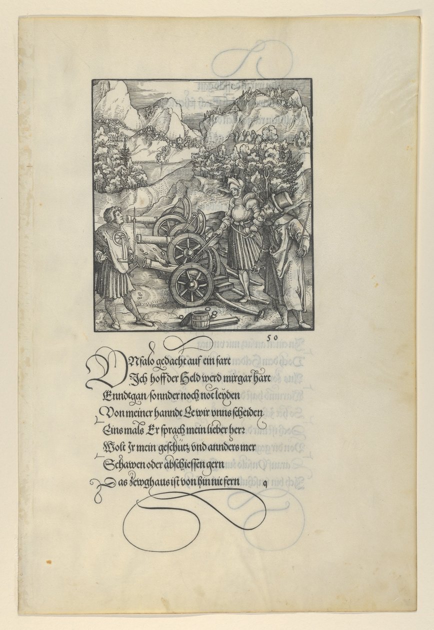 Unfalo bringer Theuerdanck i fare, forårsager eksplosionen af tre kanoner, fra Theuerdan..., 1517. af Hans Schäufelein the Elder