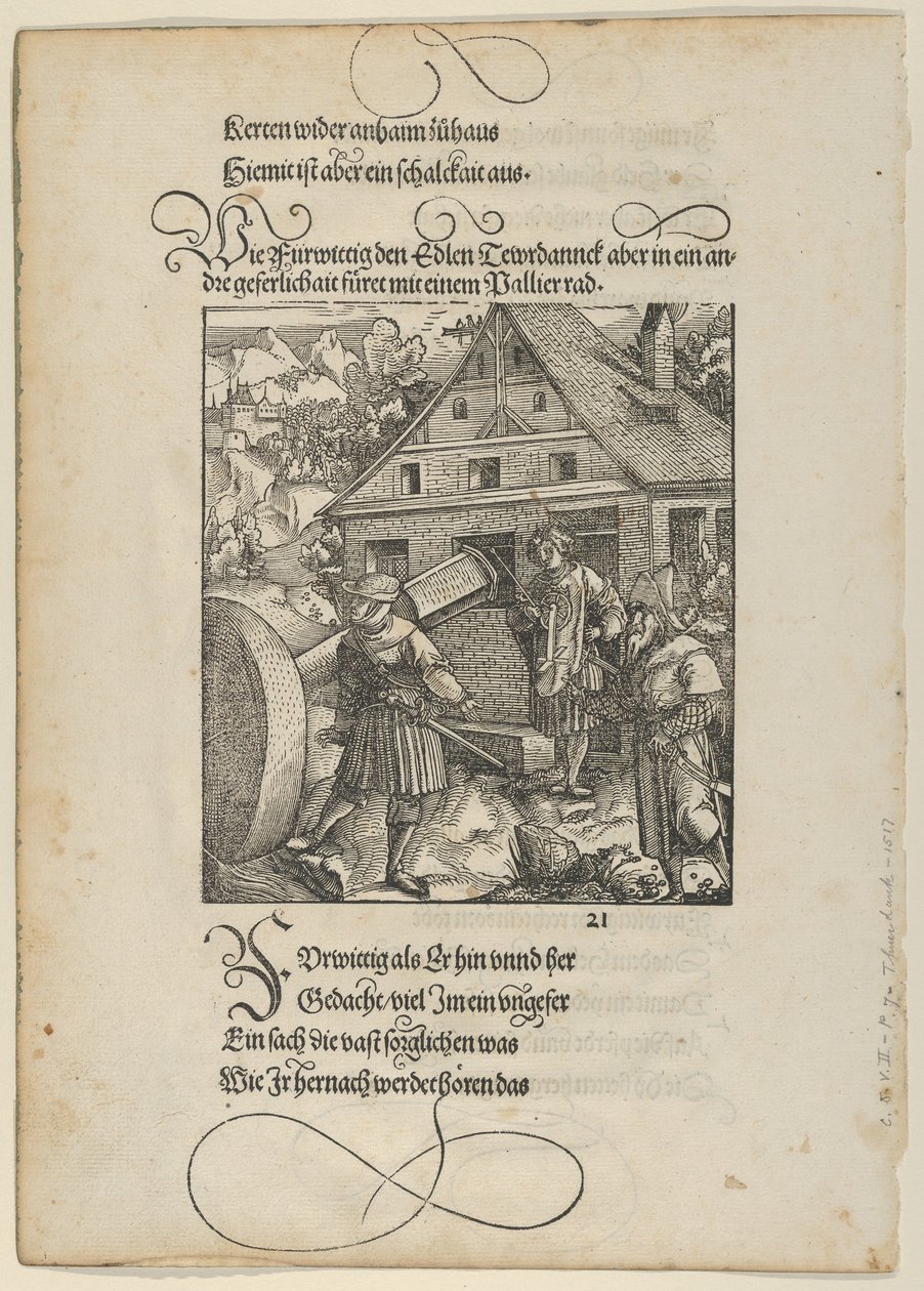 Opfordret af Fürwittig forsøger Theuerdanck at manipulere en poleringssten, fra Theuerdanck,..., 1517. af Hans Schäufelein the Elder