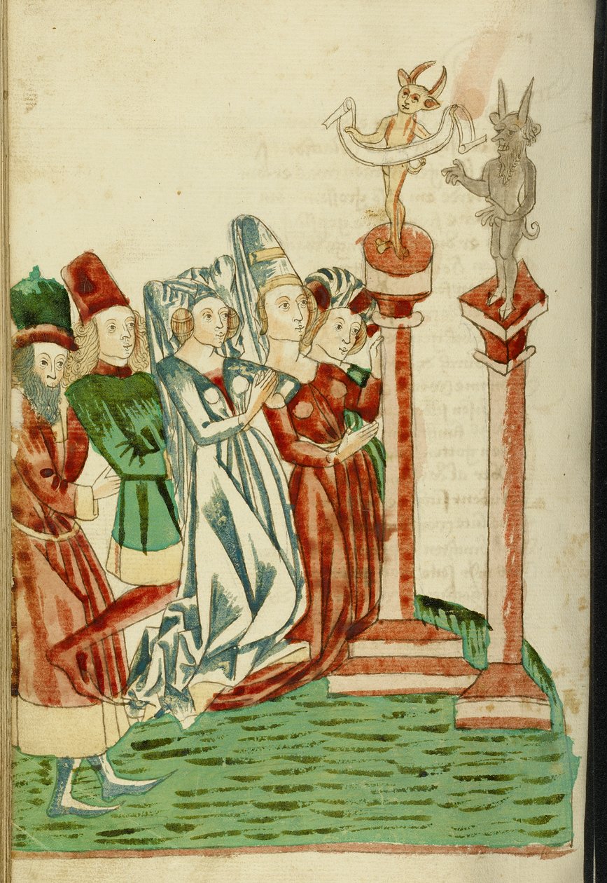En gruppe mænd og kvinder tilbeder to idoler, 1469 (blæk, vaske og tempera på papir) af Hans Schilling