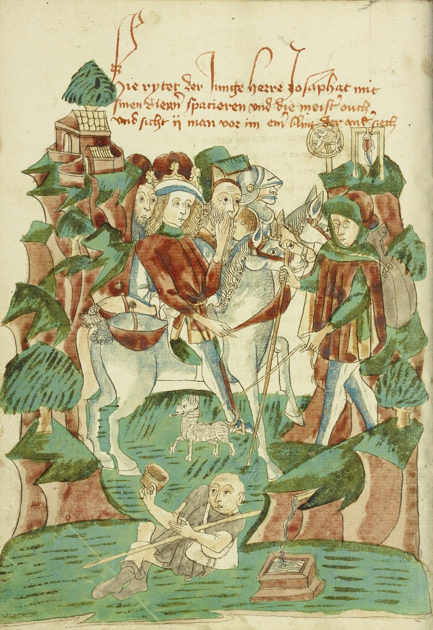 Josaphat møder en blind mand og en tigger Ms Ludwig XV 9 fol. 31v, 1469 (blæk, farveudvaskninger og tempera på papir) af Hans Schilling