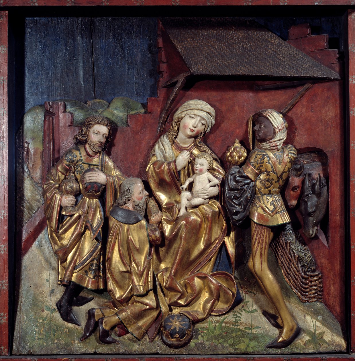 Tilbedelse af Magi-relieffet på polykromt gyldent træ af Hans Schuechlin (1440-1505) af Hans Schüchlin