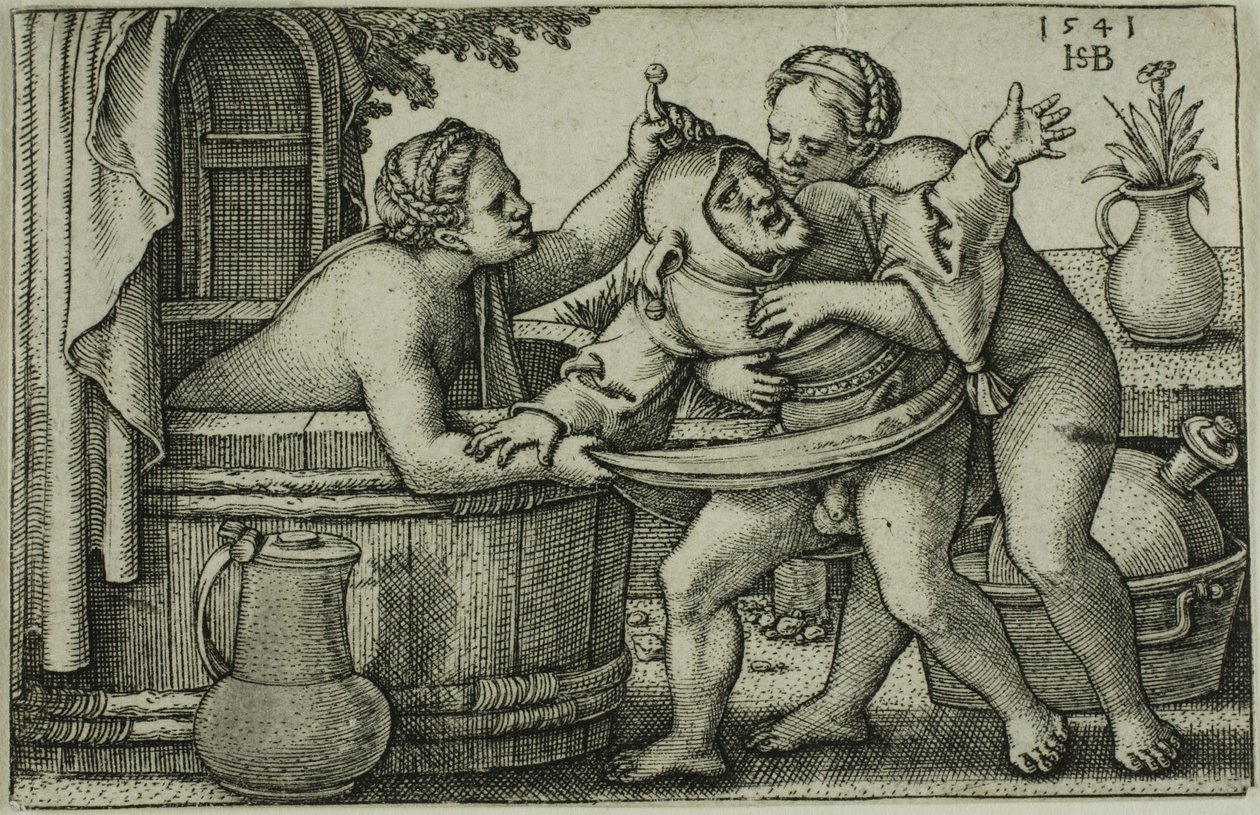 Buffoon og to badende kvinder af Hans Sebald Beham