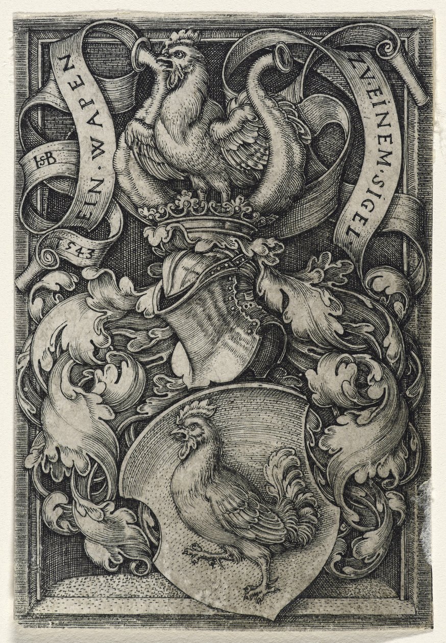Våbenskjold med en hane, 1543 (gravering på bindet papir) af Hans Sebald Beham