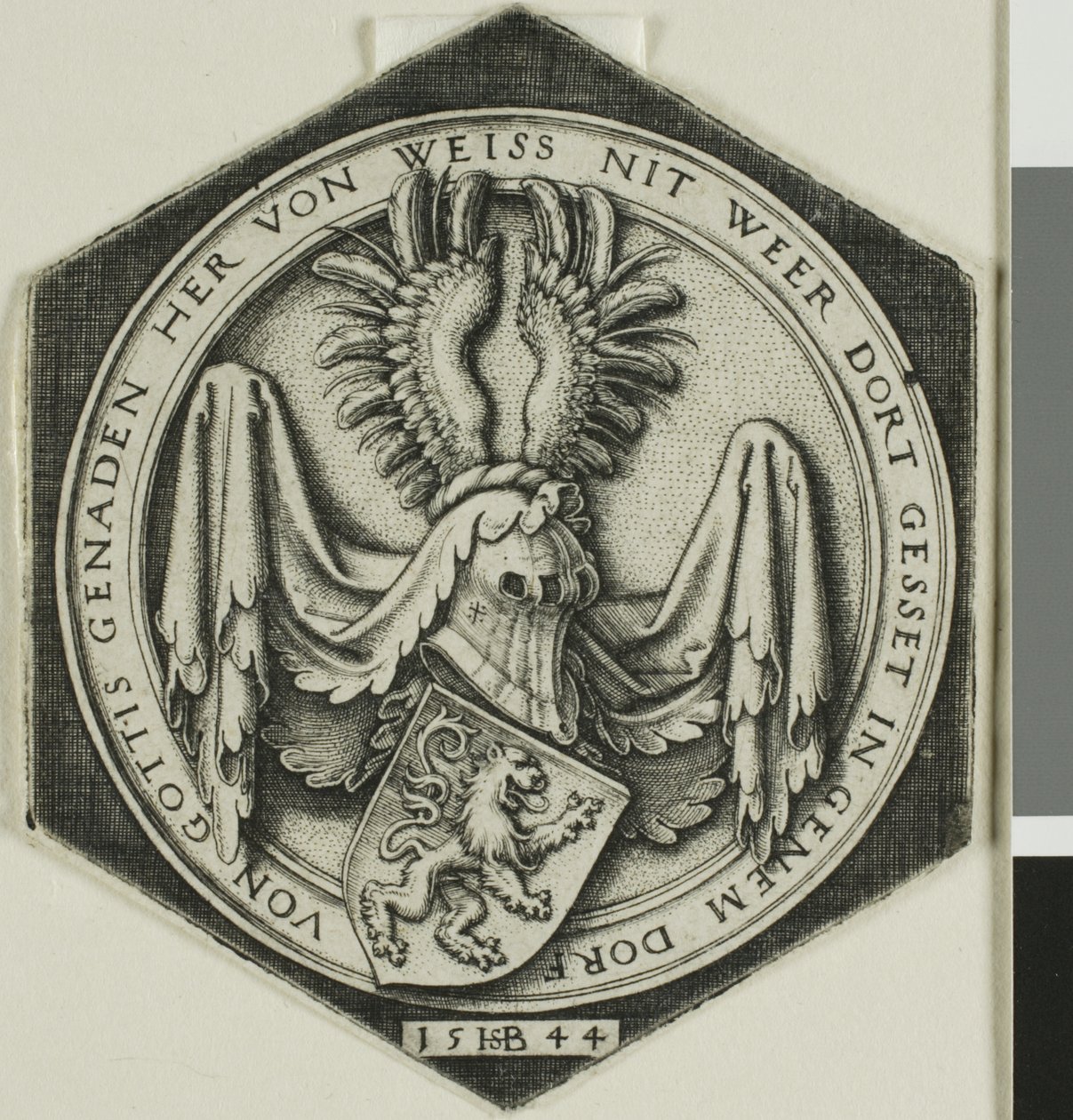 Våbenskjold med en hæsblæsende løve af Hans Sebald Beham