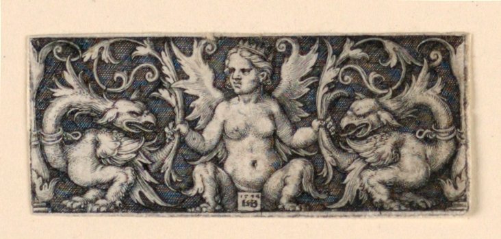 Frise med bevinget kvindeskikkelse og to groteske haner af Hans Sebald Beham