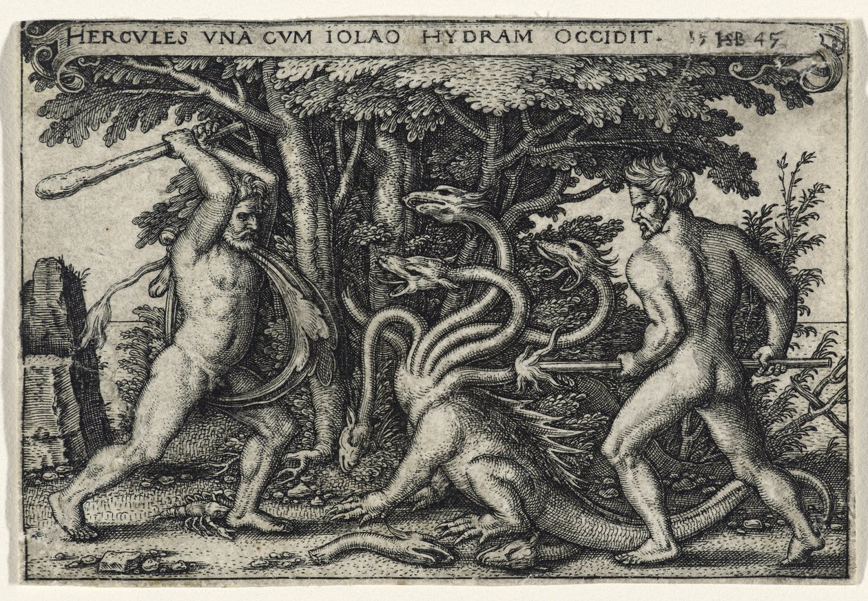 Herkules dræber hydraen, 1545 (gravering på bundet papir) af Hans Sebald Beham