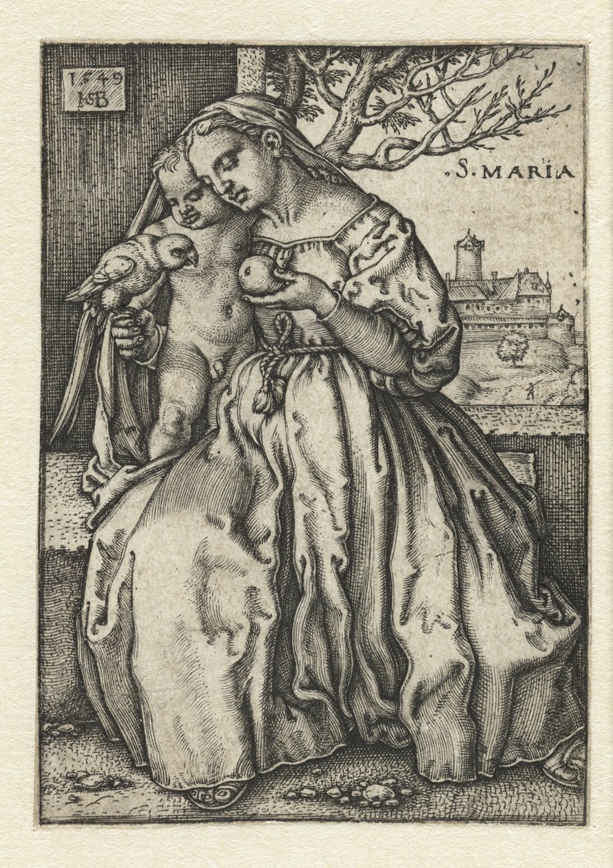 Mary med barn og papegøje og pære af Hans Sebald Beham