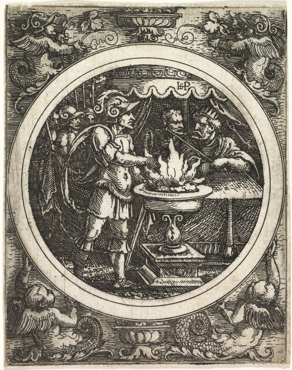 Mucius Scaevola holder sin hånd i ilden af Hans Sebald Beham