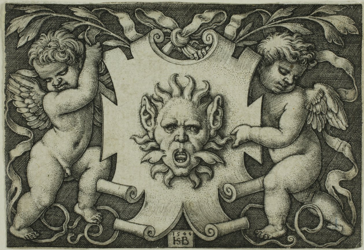 Ornament med en maske holdt af to Genii af Hans Sebald Beham