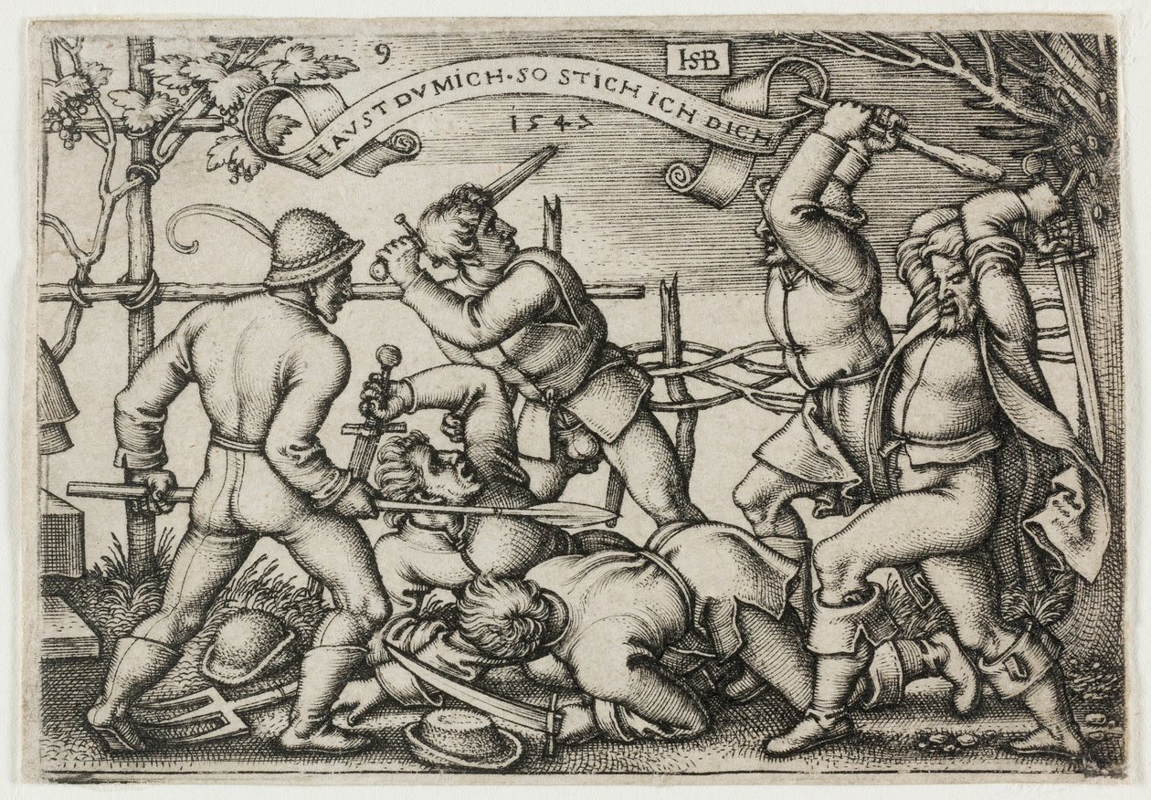 Bøndernes slagsmål, planche 9 fra Bøndernes fest eller de tolv måneder af Hans Sebald Beham