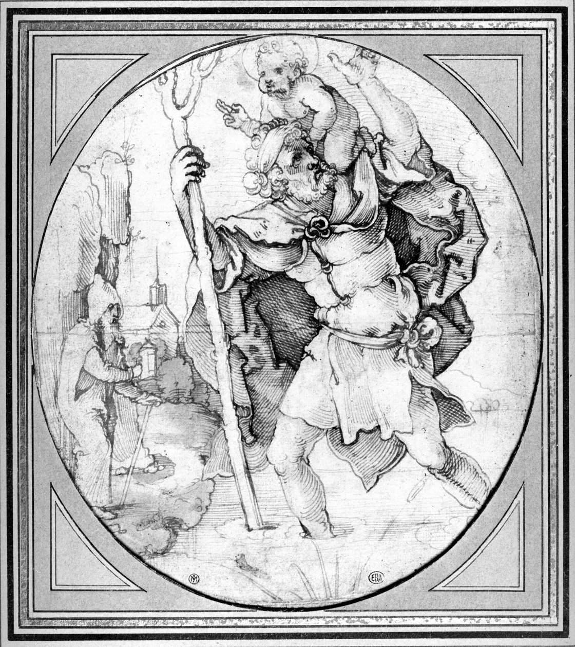 Saint Christopher (pen og blæk på papir) af Hans Sebald Beham
