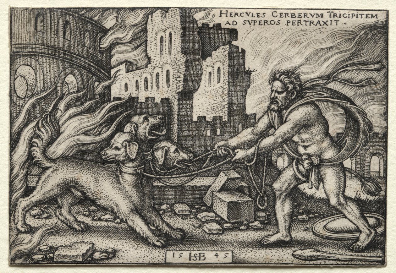 The Labors of Hercules: Hercules, der trækker Cerberus fra underverdenen af Hans Sebald Beham