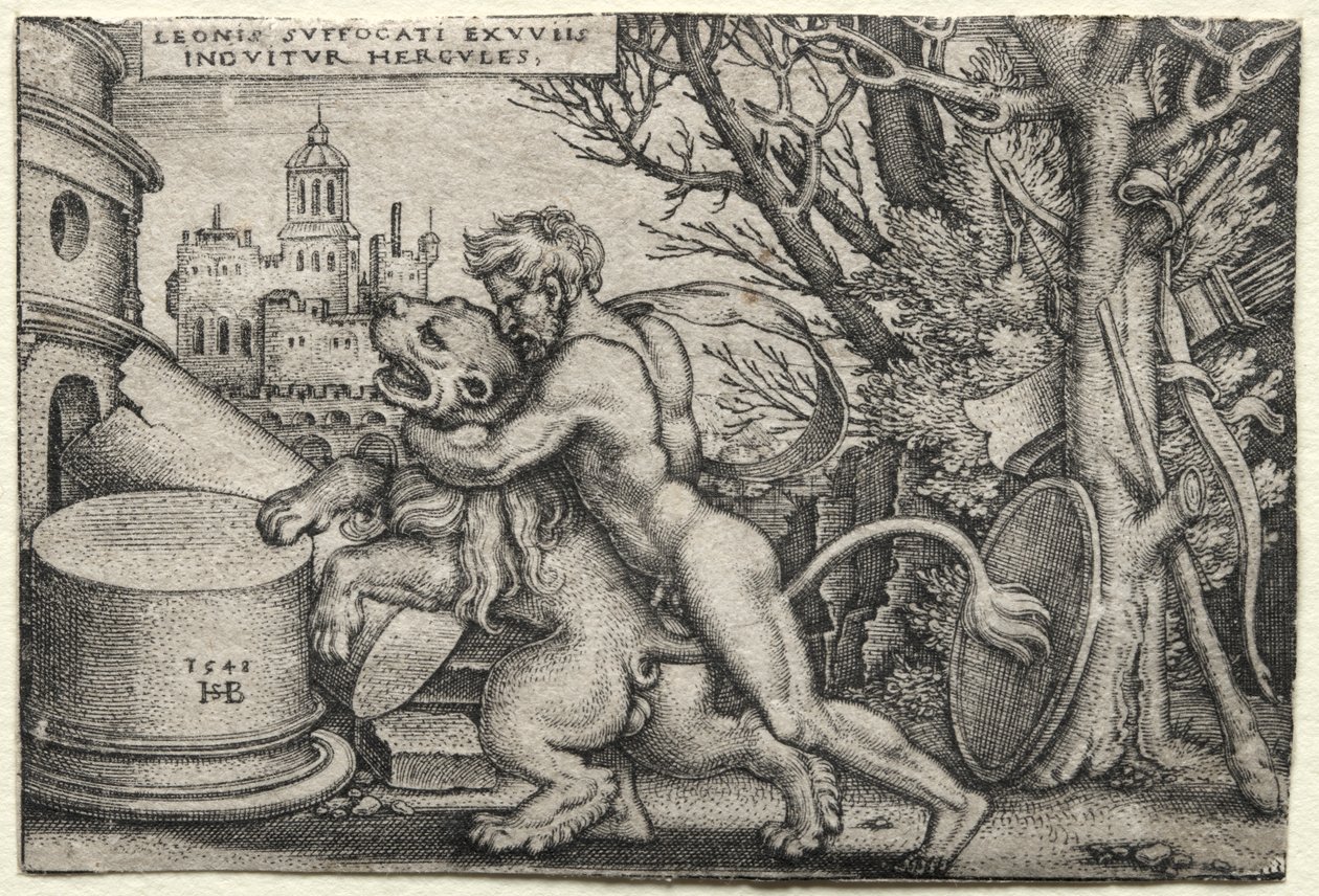 The Labors of Hercules: Hercules Stranling the Nemean Lion af Hans Sebald Beham