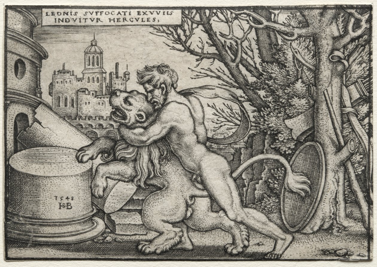 The Labors of Hercules: Hercules Stranling the Nemean Lion af Hans Sebald Beham