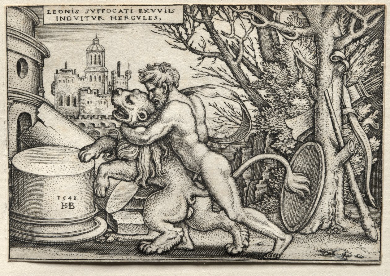 The Labours of Hercules: Hercules Strangling the Nemean Lion, 1548. af Hans Sebald Beham