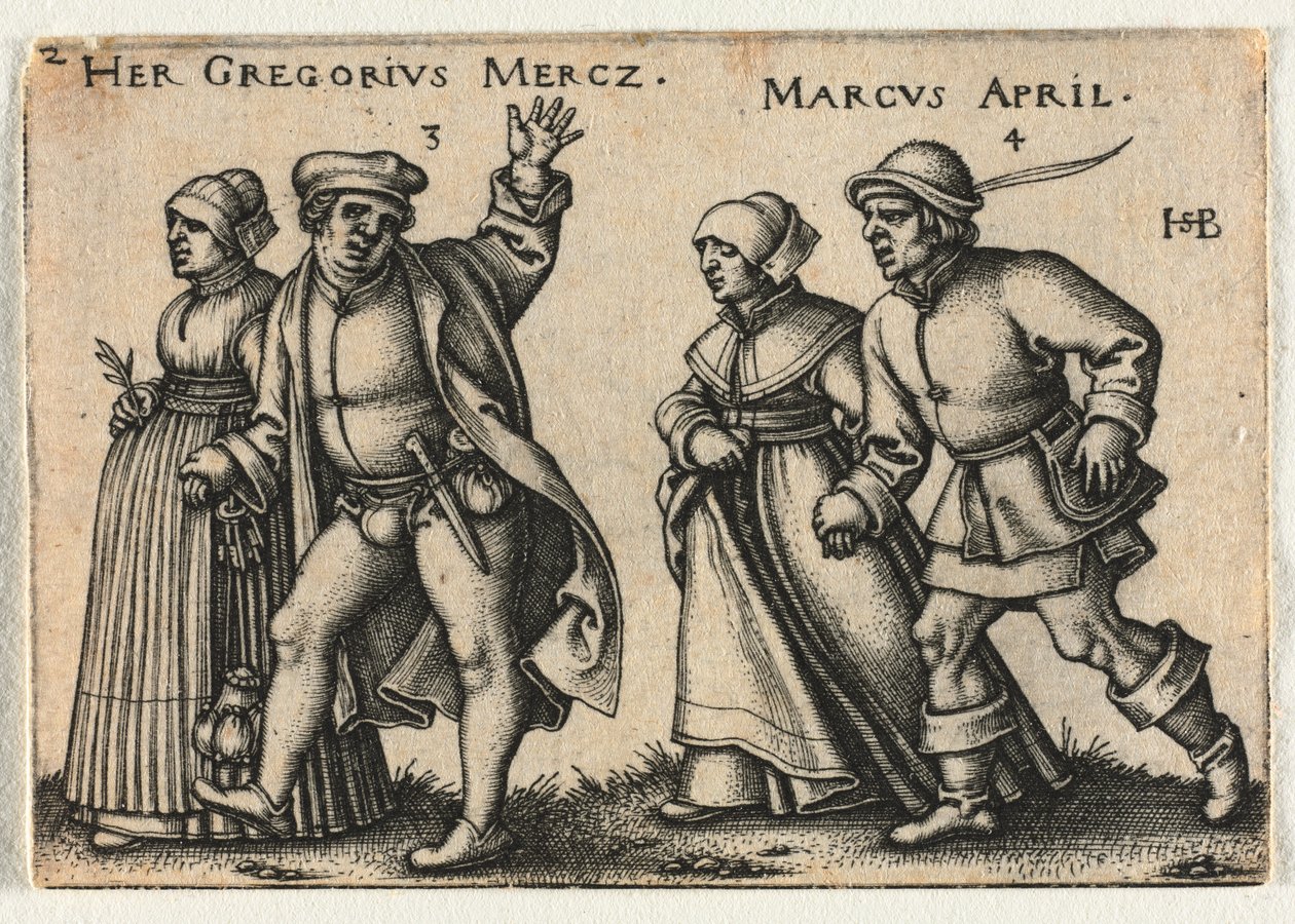Bondebrylluppet eller de tolv måneder: 3-Hendes Gregorius Mercz 4-Marcus april af Hans Sebald Beham