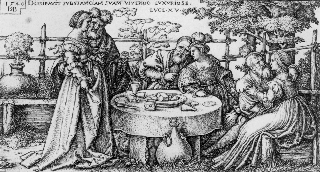 Den fortabte søn spilder sin formue, fra serien "Historien om den fortabte søn" af Hans Sebald Beham