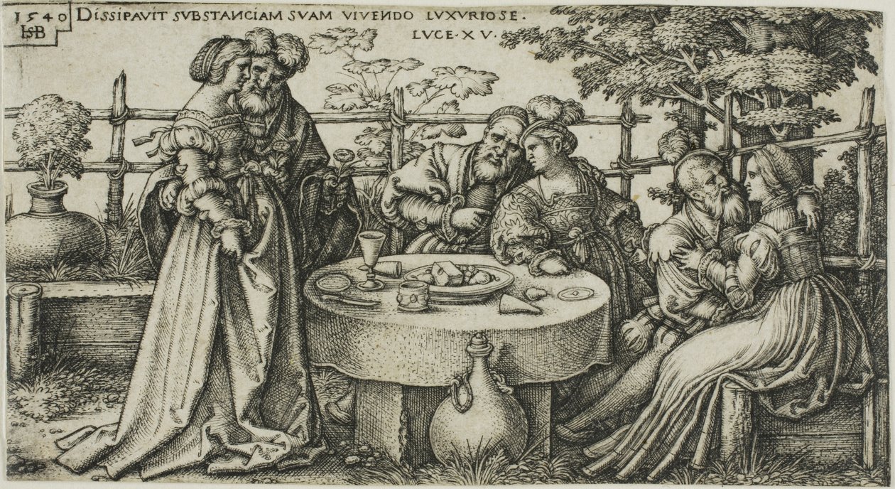 Den fortabte søn spilder sin formue, plade to fra The History of the Prodigal Son af Hans Sebald Beham