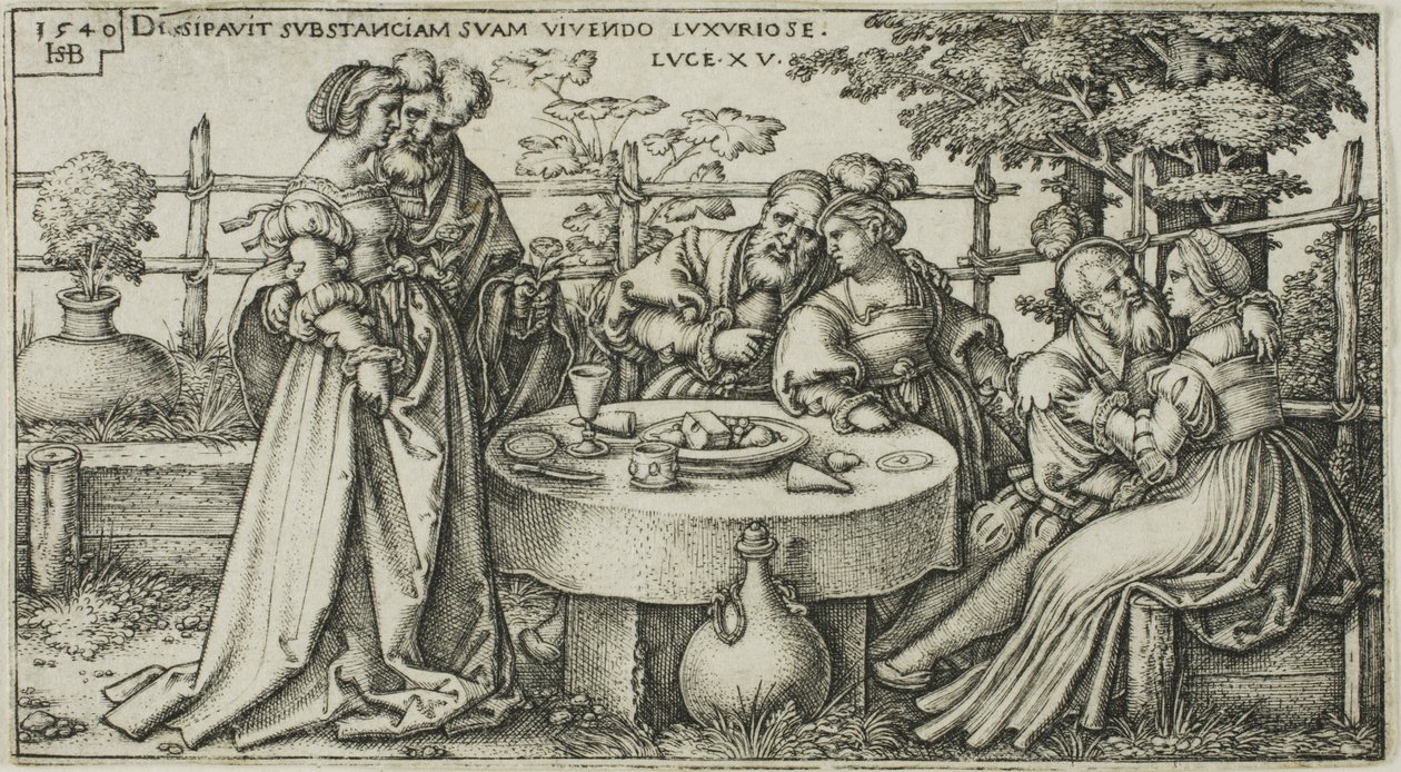 Den fortabte søn spilder sin formue, plade to fra The History of the Prodigal Son af Hans Sebald Beham