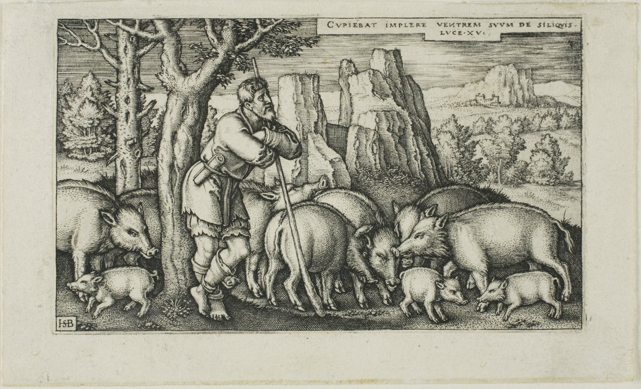 Den fortabte søn med svinet, plade tre fra The History of the Prodigal Son af Hans Sebald Beham