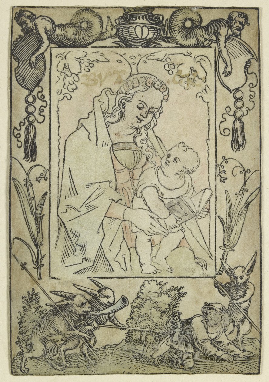 Jomfruen og barnet omgivet af en grænse med en jæger og nogle kaniner (træsnit, overbearbejdet i akvarel, trykt på pergament) af Hans Sebald Beham