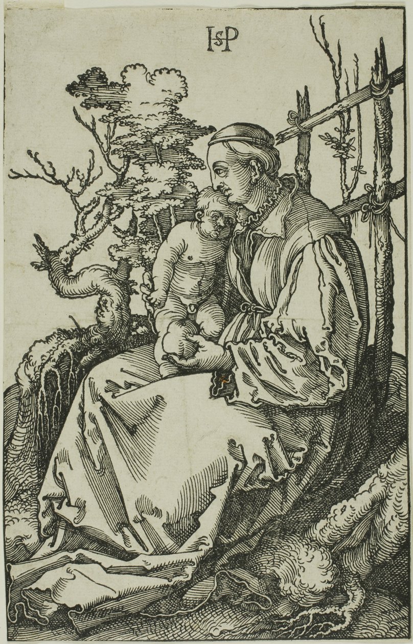 Jomfruen med pæren og barnet på banken af Hans Sebald Beham