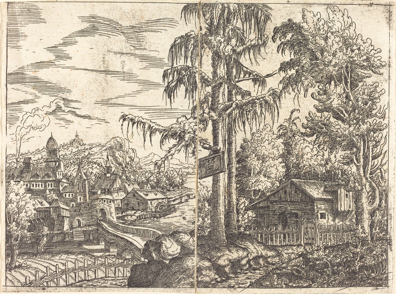 Landskab med udsigt over en bondehytte og en by nær en flod, 1551. af Hans Sebald Lautensack