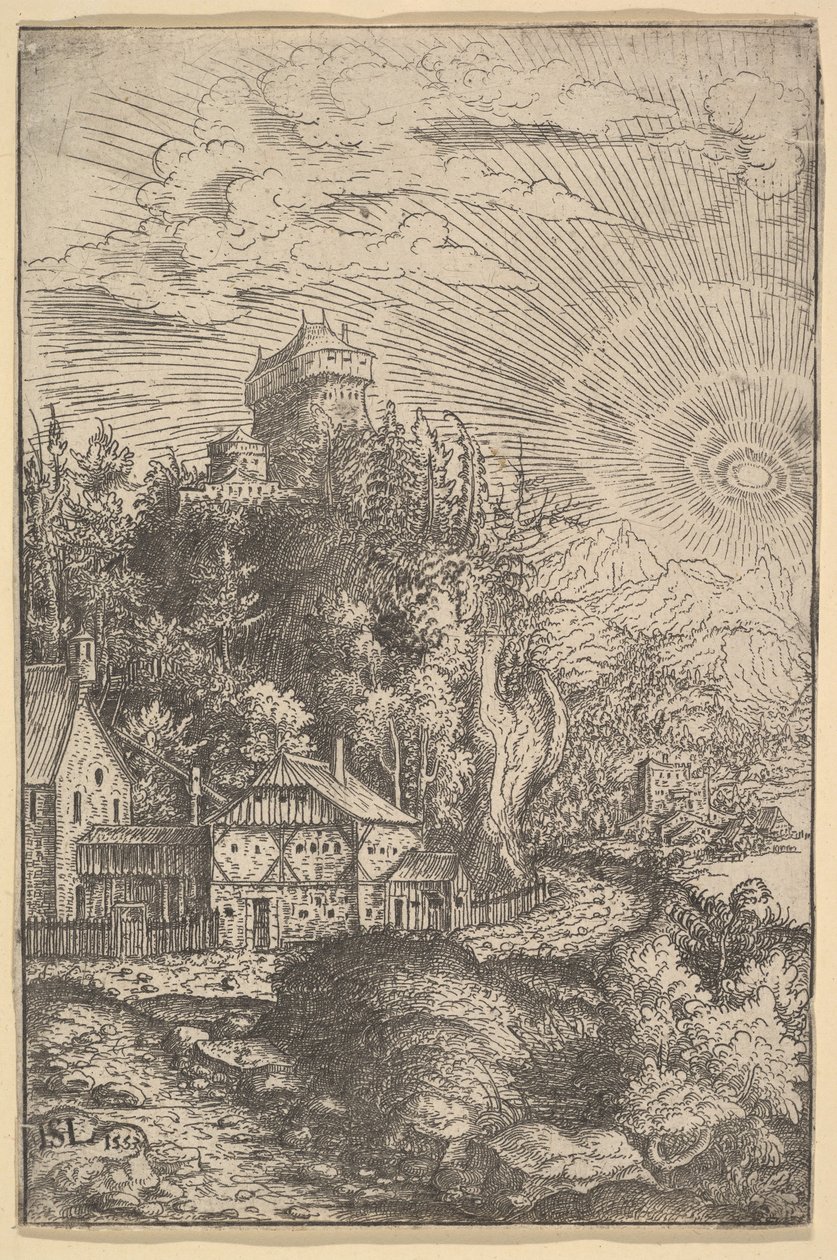 Landskab med et slot beliggende på en klippe, 1553. af Hans Sebald Lautensack